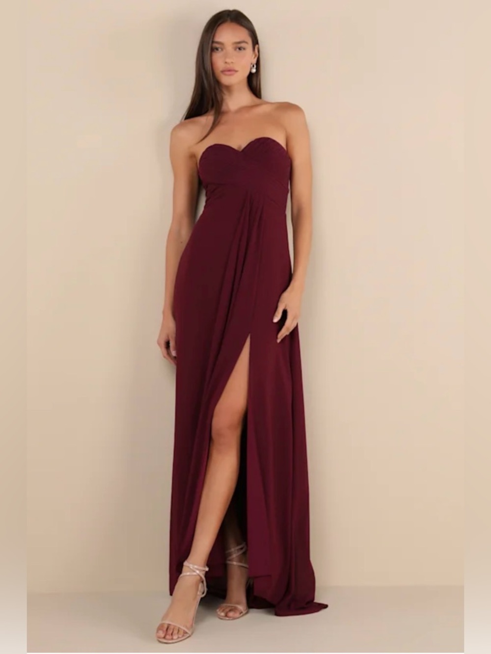 Lulu's Strapless Plum Sweetheart Maxi Dress with Slit Small